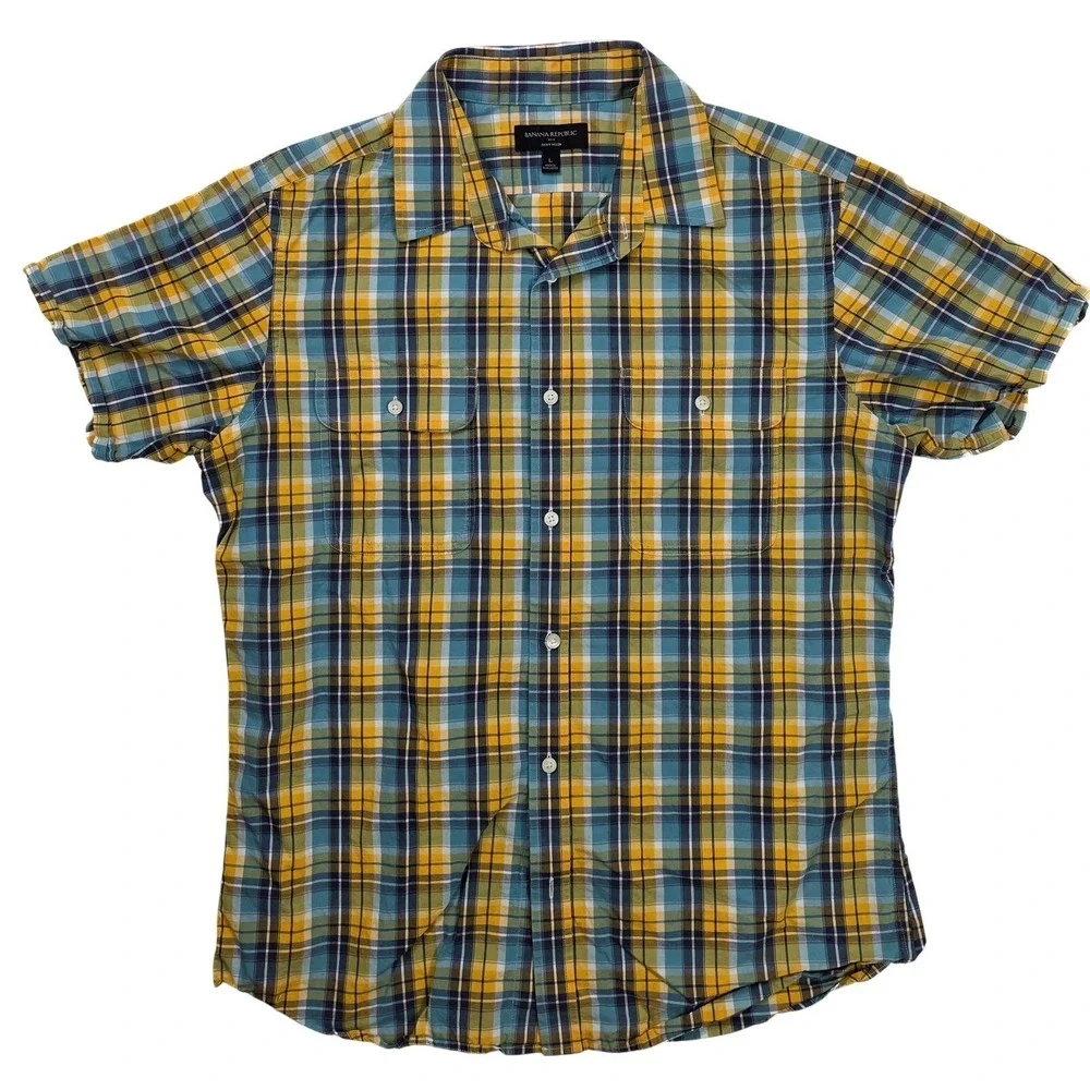 Banana Republic Soft Wash Yellow Blue Plaid Chest Pocket S/S‎ Shirt Men's Size L
